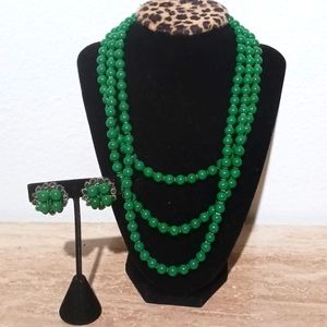Green 3 String Chalcedony Necklace and Earring Set